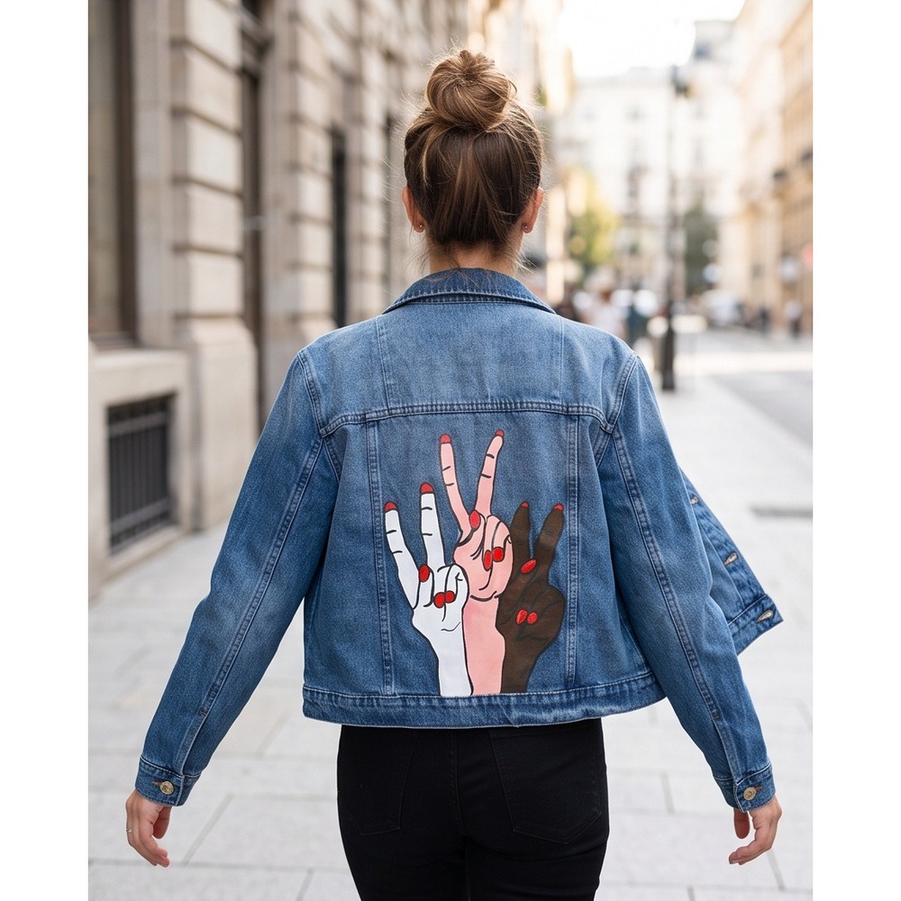 Michael Kors XL Peace Sign‎ Hand Graphic Denim Jacket Blue Cotton Medium Wash